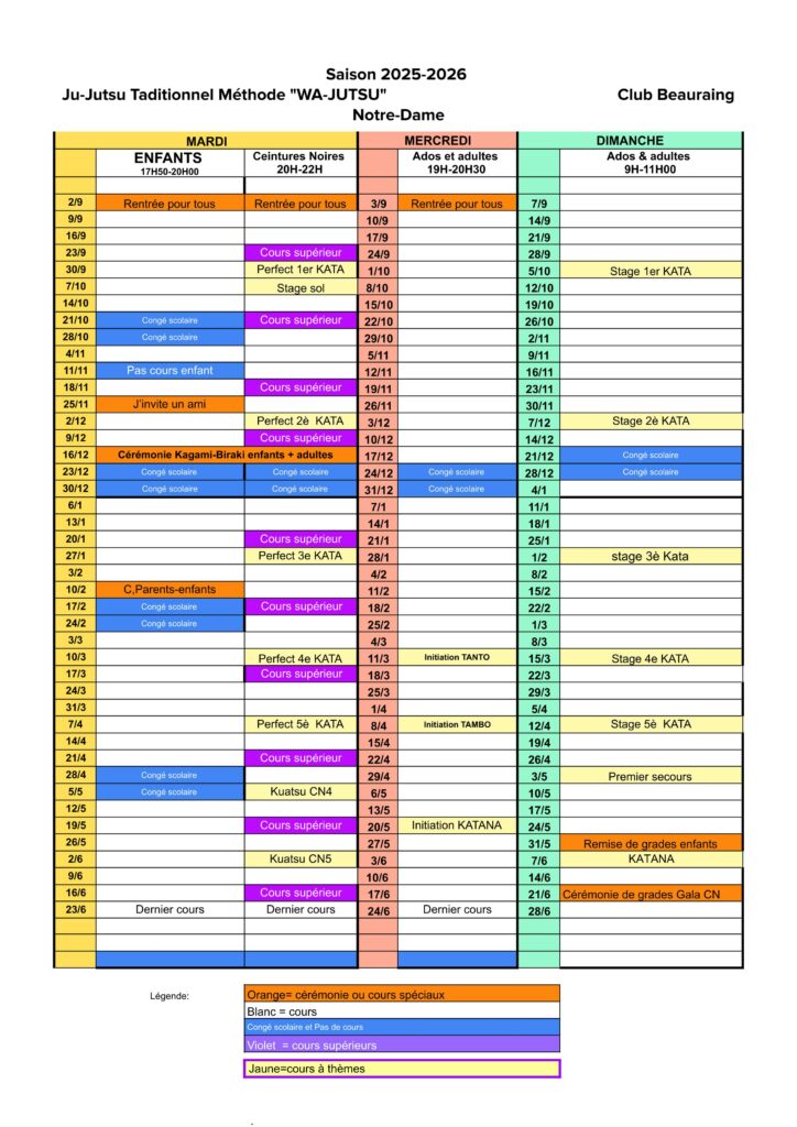 Calendrier Activités 2025-2026